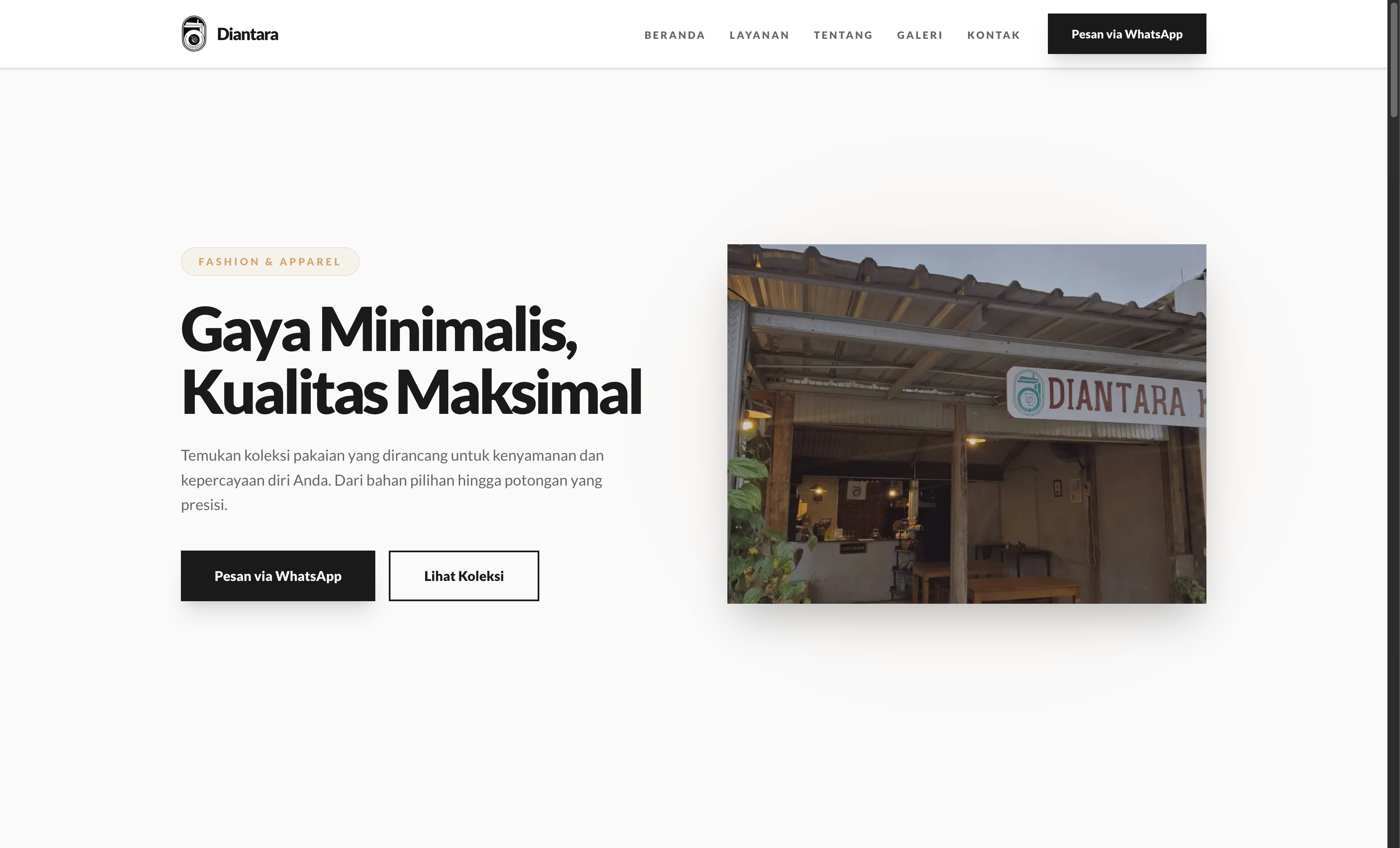 Tampilan website Diantara Kopi
