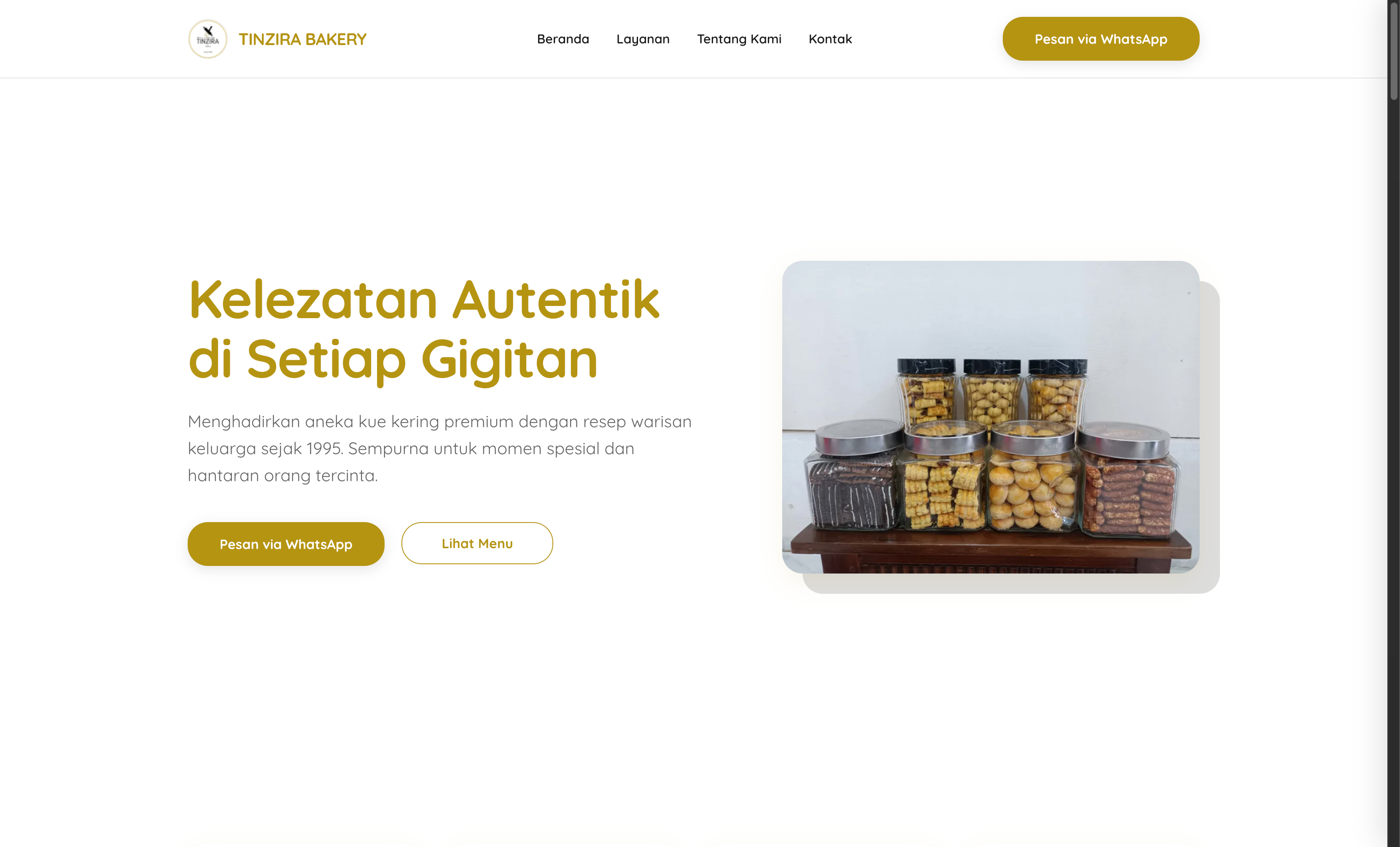 Tampilan website Tinzira Bakery